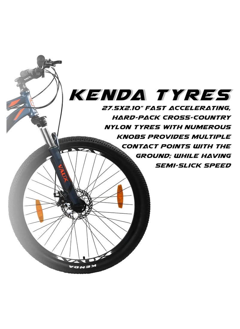 Vaux دراجة Vaux X-Mount Gear Cycle للرجال مقاس 27.5T بإطار من سبائك الألومنيوم وفرامل قرصية - دراجة جبلية متعددة السرعات للبالغين مع 21 ترسًا من شيمانو - نظام تعليق قابل للقفل - إطارات Kenda - أزرق  - Image 4