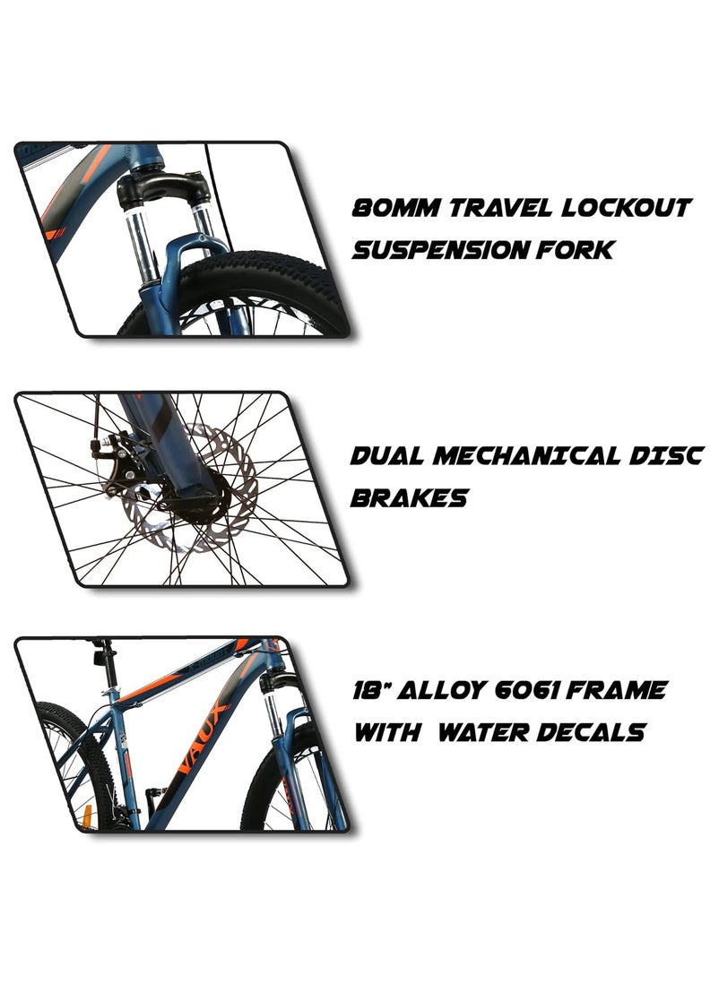 Vaux دراجة Vaux X-Mount Gear Cycle للرجال مقاس 27.5T بإطار من سبائك الألومنيوم وفرامل قرصية - دراجة جبلية متعددة السرعات للبالغين مع 21 ترسًا من شيمانو - نظام تعليق قابل للقفل - إطارات Kenda - أزرق  - Image 3