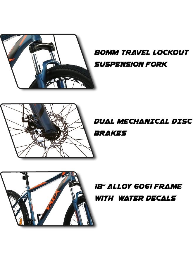 Vaux دراجة Vaux X-Mount Gear Cycle للرجال مقاس 27.5T بإطار من سبائك الألومنيوم وفرامل قرصية - دراجة جبلية متعددة السرعات للبالغين مع 21 ترسًا من شيمانو - نظام تعليق قابل للقفل - إطارات Kenda - أزرق - Image 4