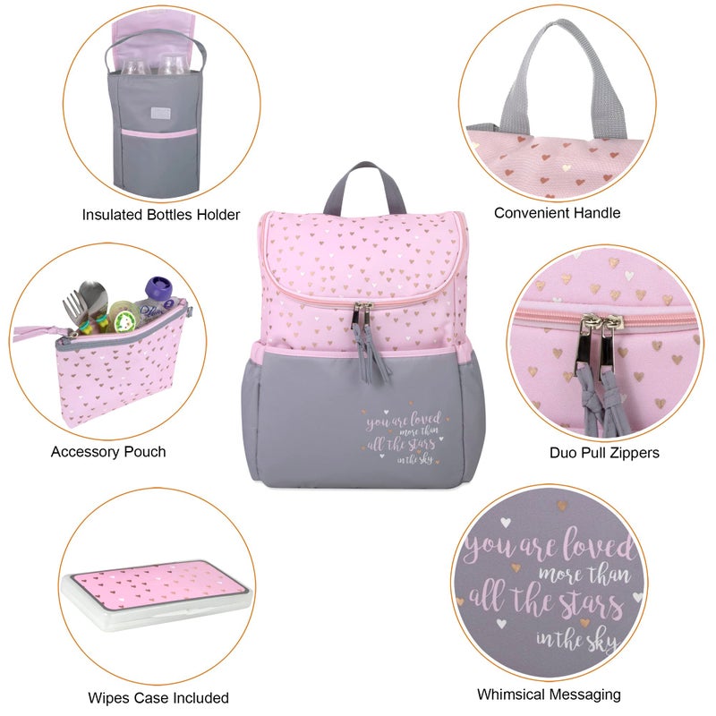 Baby Essentials Diaper Bag Backpack 5 Piece Set with Sun, Moon, and Stars, Wipes Pocket, Stroller Straps, Dirty Diaper Pouch, Changing Pad (Grey/Pink Backpack) - Image 2