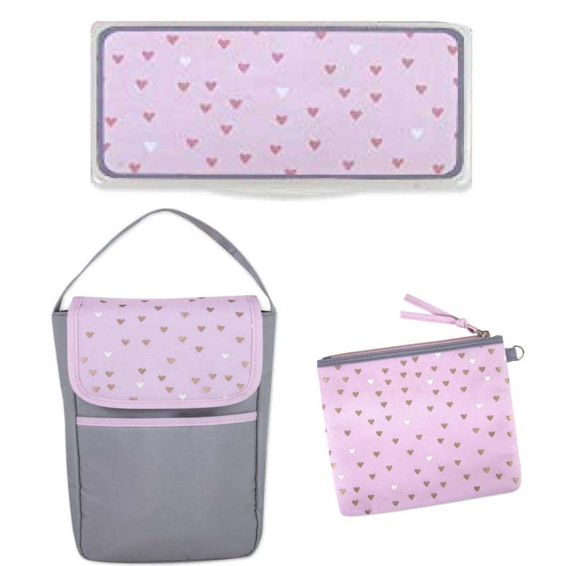 Baby Essentials Diaper Bag Backpack 5 Piece Set with Sun, Moon, and Stars, Wipes Pocket, Stroller Straps, Dirty Diaper Pouch, Changing Pad (Grey/Pink Backpack) - Image 4