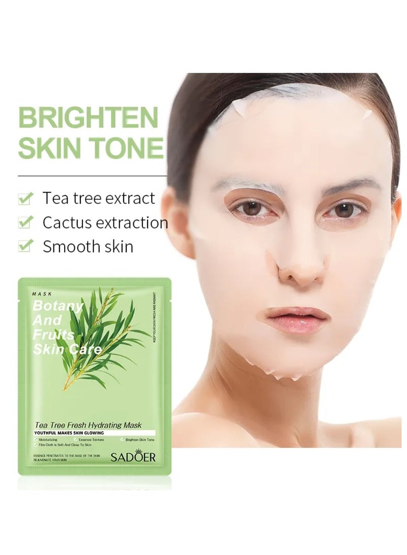 10 Pack Tea Tree Fresh Hydrating Mask Botany and Fruits Skin Care Sheet Facial Mask Moisturizing Brighten Skin Tone Soft Texture Face Mask Sheet for Women and Men Skincare Youthful Skin Glowing Masks