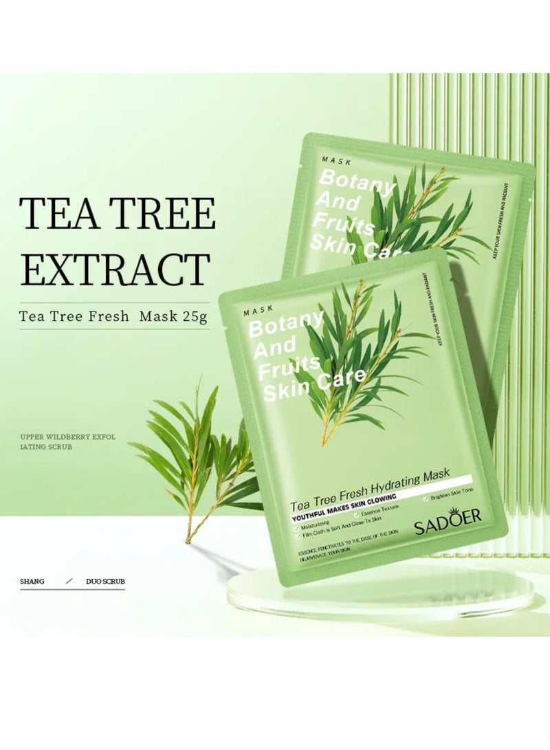 10 Pack Tea Tree Fresh Hydrating Mask Botany and Fruits Skin Care Sheet Facial Mask Moisturizing Brighten Skin Tone Soft Texture Face Mask Sheet for Women and Men Skincare Youthful Skin Glowing Masks