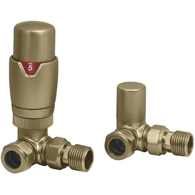THERMOSTATIC RADIATOR VALVES AND CORNER LOCKSHIELD VALVE - CLASSY AND MODERN DESIGN 1/2" X 15MM CORNER RADIATOR VALVES (BRUSHED BRASS)