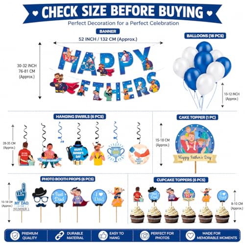Festiko® Father’s Day Decoration Kit for Celebration Party, Super Dad Banner with Balloons, Cake Topper & Photo Booth Props for Fathers Day Surprise Decoration Supplies for Home Party - Image 3