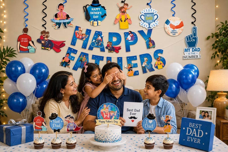 Festiko® Father’s Day Decoration Kit for Celebration Party, Super Dad Banner with Balloons, Cake Topper & Photo Booth Props for Fathers Day Surprise Decoration Supplies for Home Party - Image 2