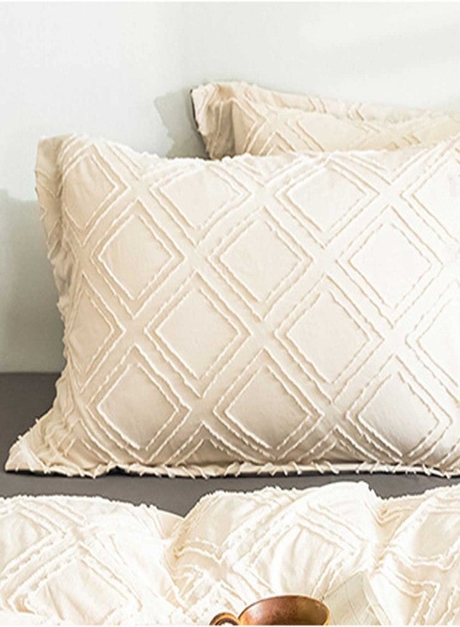Nanko Pillow Case/Pillow Shams Queen Set of 2, Beige Cream Tan Tufted Jacquard Diamond Boho Soft Shabby Chic Microfiber Pillow Covers, for Home Bed, Farmhouse Modern for Men and Women 20 x 30 inch - Image 1