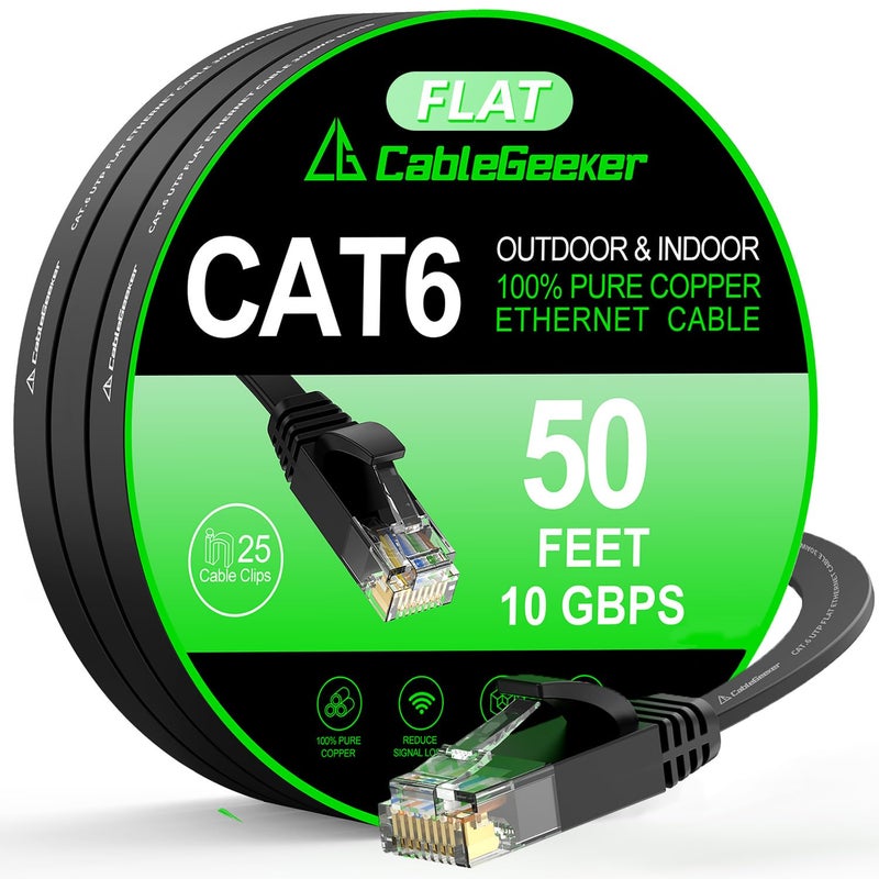 Cat 6 Ethernet Cable 50 ft IndoorOutdoor High Speed 10Gbps Flat Internet Network Cable Pure Copper Ethernet Patch Cable Long Computer LAN Cable with Clips Straps for Router Modem PS45 Black