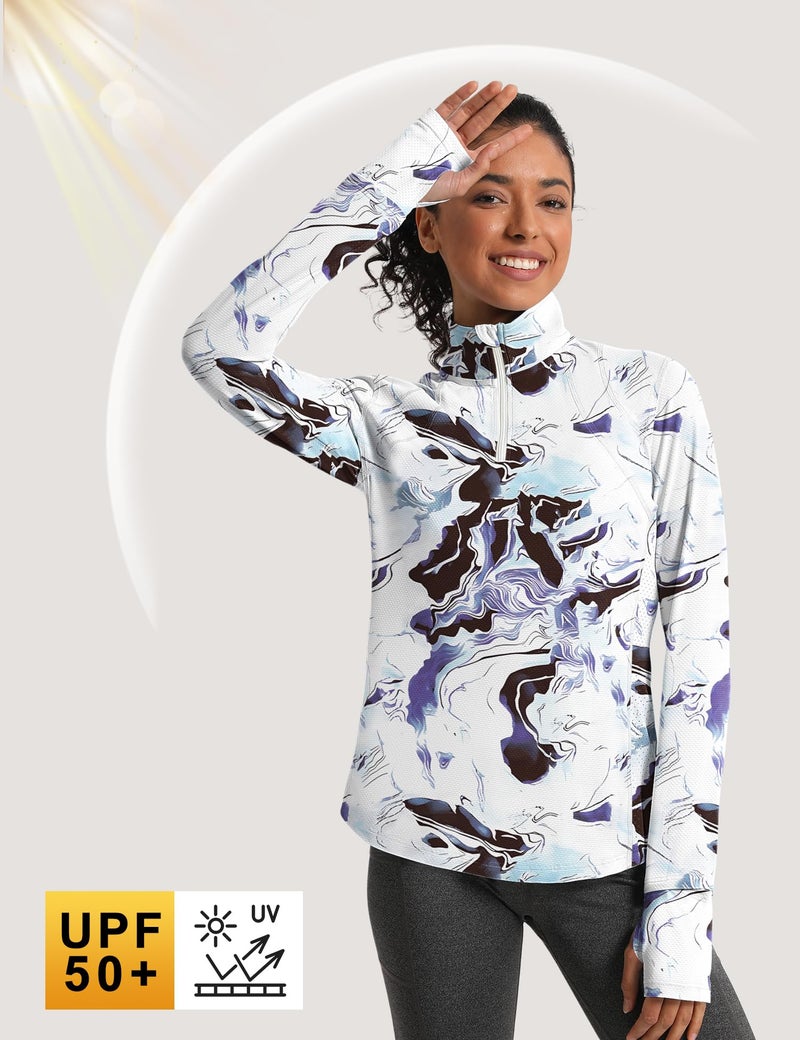 IECCP Womens Long Sleeve 1/4 Zip Sun Shirts Runing Workout Tops with Watch Hole UPF 50+ Sun Protection UV Shirts Lightweight Breathable Rash Guard (White Marble Texture,M) - Image 4