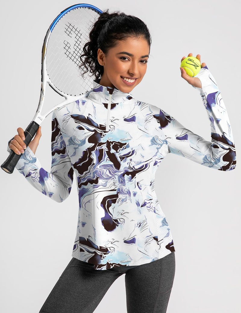 IECCP Womens Long Sleeve 1/4 Zip Sun Shirts Runing Workout Tops with Watch Hole UPF 50+ Sun Protection UV Shirts Lightweight Breathable Rash Guard (White Marble Texture,M) - Image 3