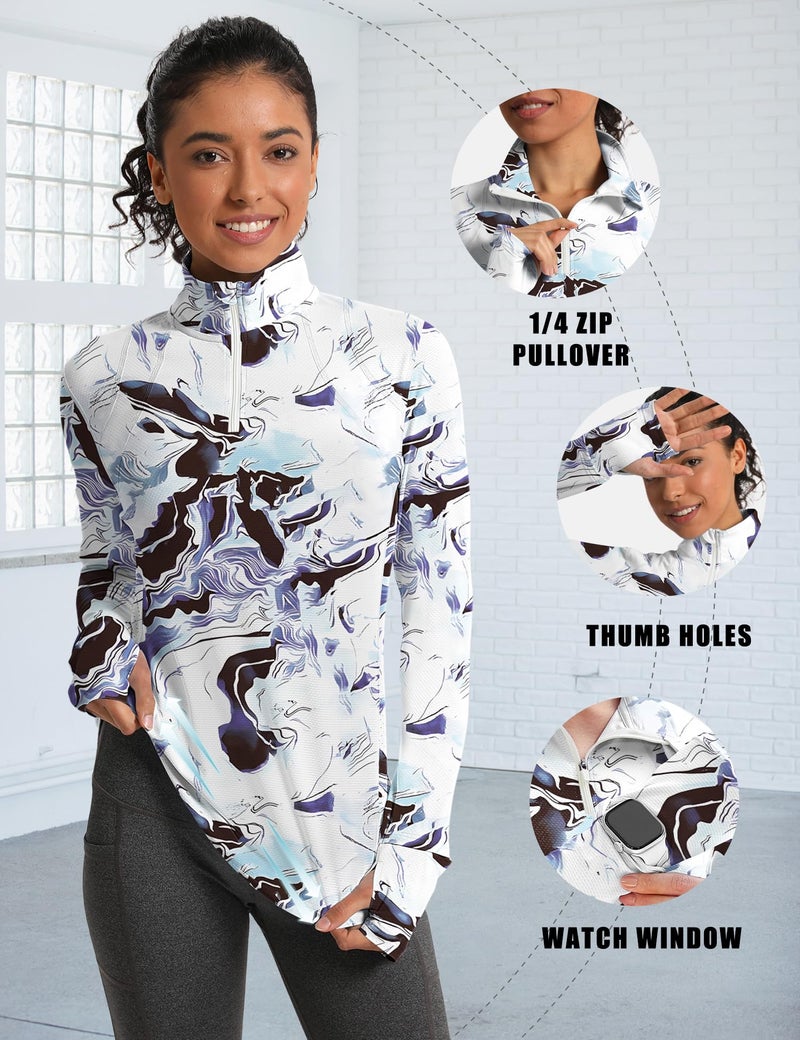 IECCP Womens Long Sleeve 1/4 Zip Sun Shirts Runing Workout Tops with Watch Hole UPF 50+ Sun Protection UV Shirts Lightweight Breathable Rash Guard (White Marble Texture,M) - Image 5