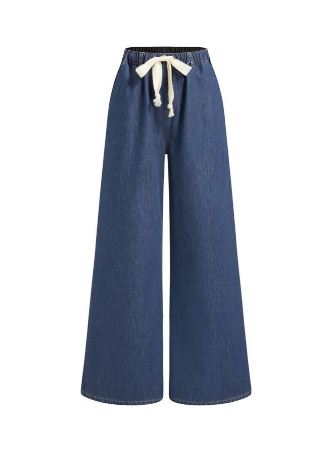 CIDER Drawstring Wide Leg Jeans for Women High Waisted Baggy Jeans Denim Pants with Pockets, Dark Navy, M - Image 1