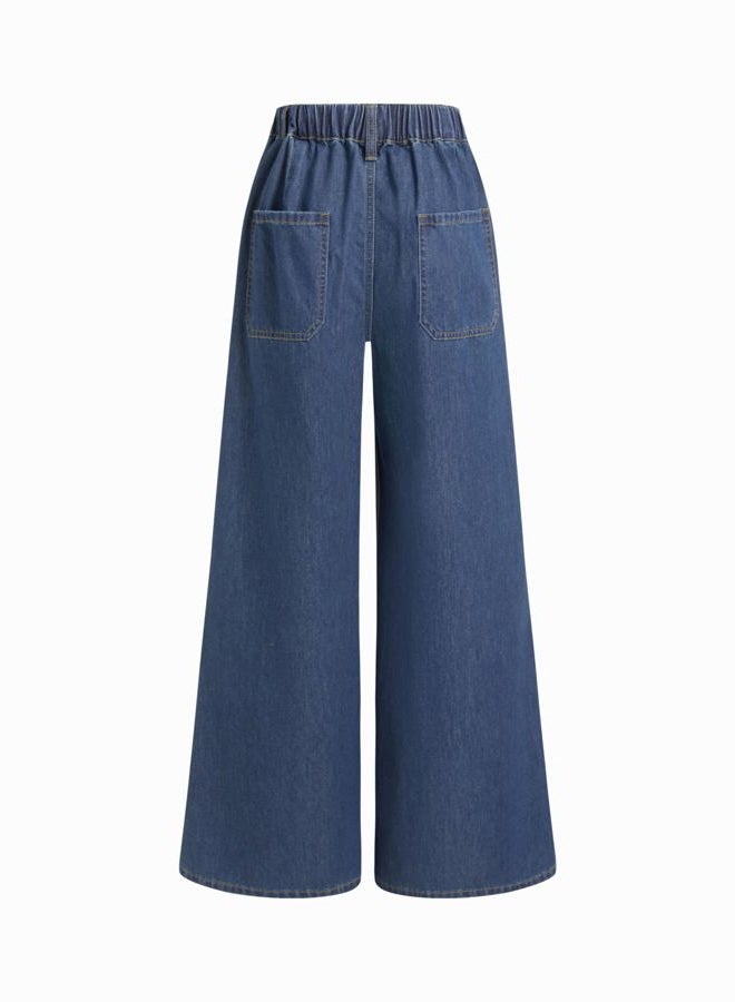 CIDER Drawstring Wide Leg Jeans for Women High Waisted Baggy Jeans Denim Pants with Pockets, Dark Navy, M - Image 5