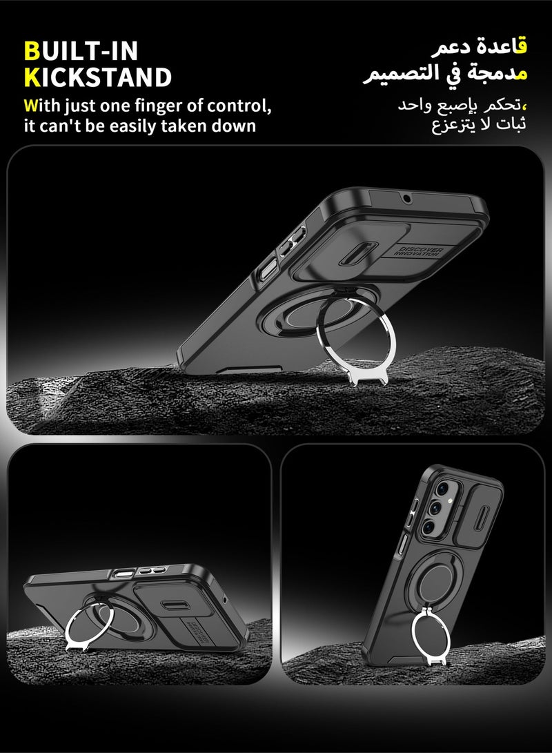 عش زي غلاف سامسونج جالكسي  A16/ A17 5G بغطاء كاميرا منزلق، ملمس ناعم، مغناطيس قوي جداً، حامل حلقة دوارة 360 درجة، حماية ضد الصدمات مع وسائد هوائية بارتفاع خفيف عند الزوايا، أسود، 1 قطعة - Image 5