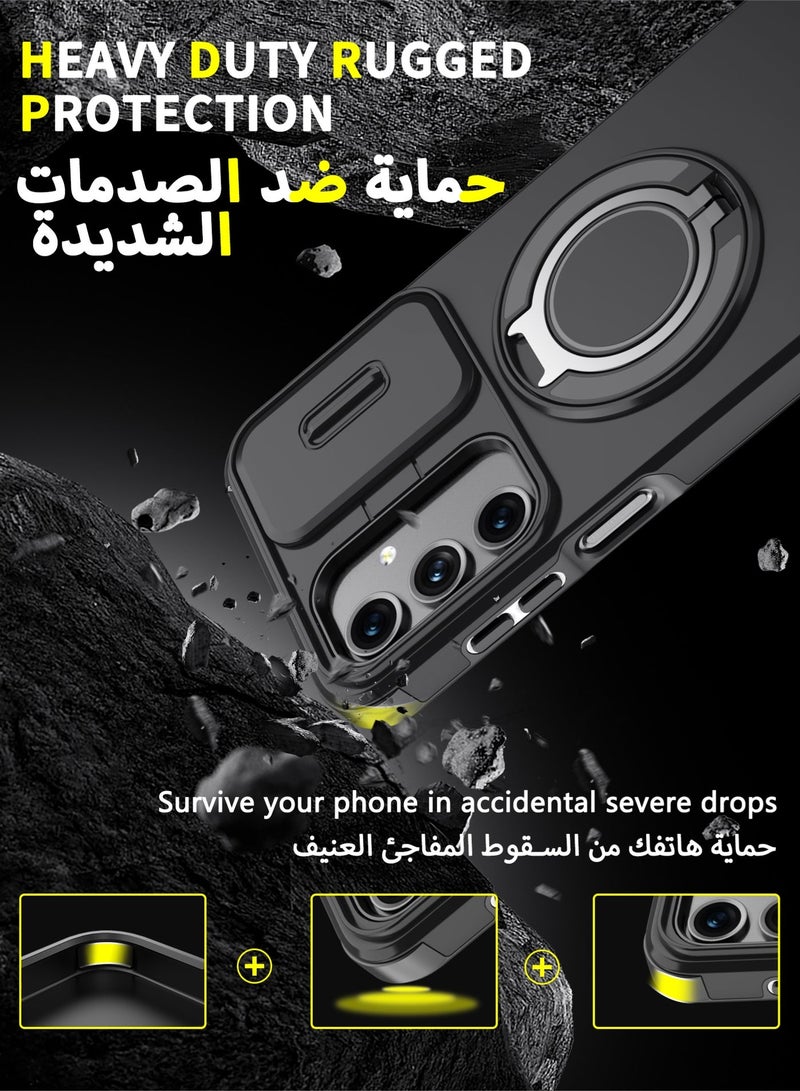 عش زي غلاف سامسونج جالكسي  A16/ A17 5G بغطاء كاميرا منزلق، ملمس ناعم، مغناطيس قوي جداً، حامل حلقة دوارة 360 درجة، حماية ضد الصدمات مع وسائد هوائية بارتفاع خفيف عند الزوايا، أسود، 1 قطعة - Image 3