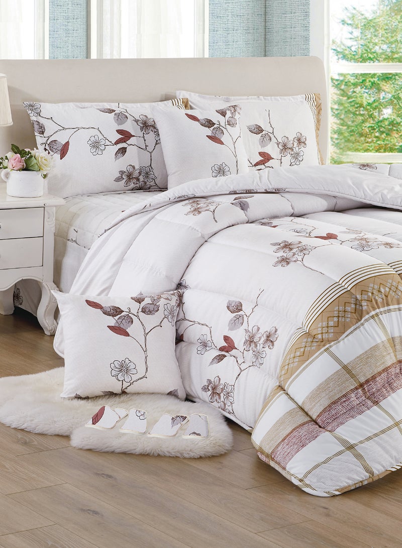 Moon Bed In A Bag Medium Filling King Size Comforter Set, 10 Pcs Floral Bedding Set Size 220 X 240 Cm with Comforter, Quilted Bed Skirt, Pillowcases, Cushion & Bedroom Slipper, Multicolor  - Image 1