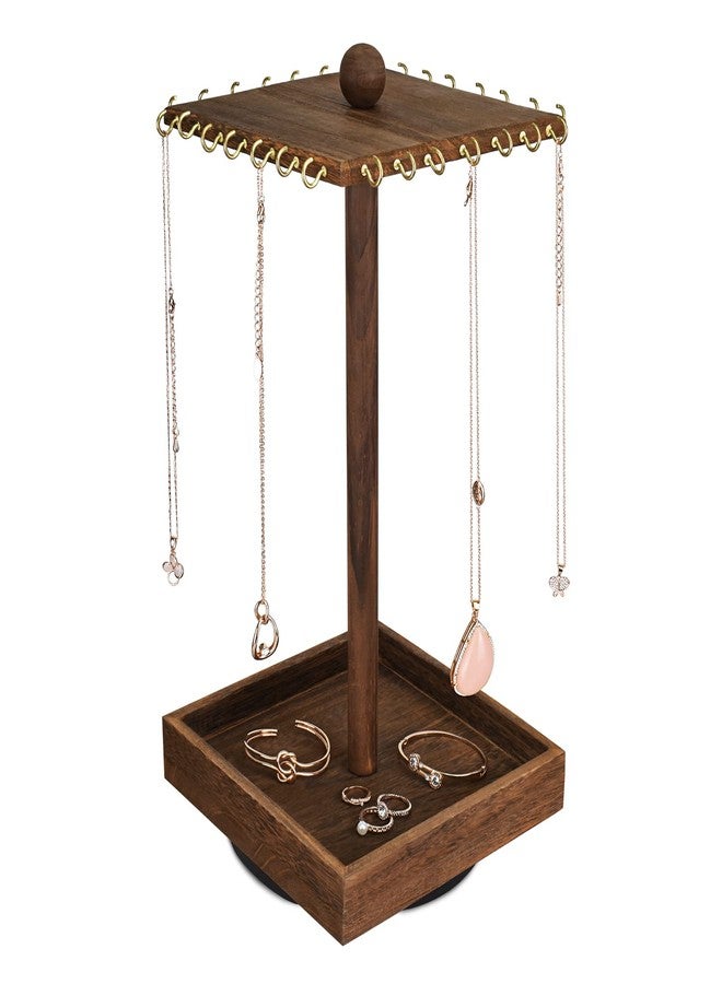 Ikee Design Wooden Rotating Jewelry Organizer, Jewelry Display Tower for Necklace & Bracelet, Rotating Necklace Holder Organizer, Jewelry Stand for Shows, Brown Color, 7.88 W x 7.88 D x 16 H in - Image 1