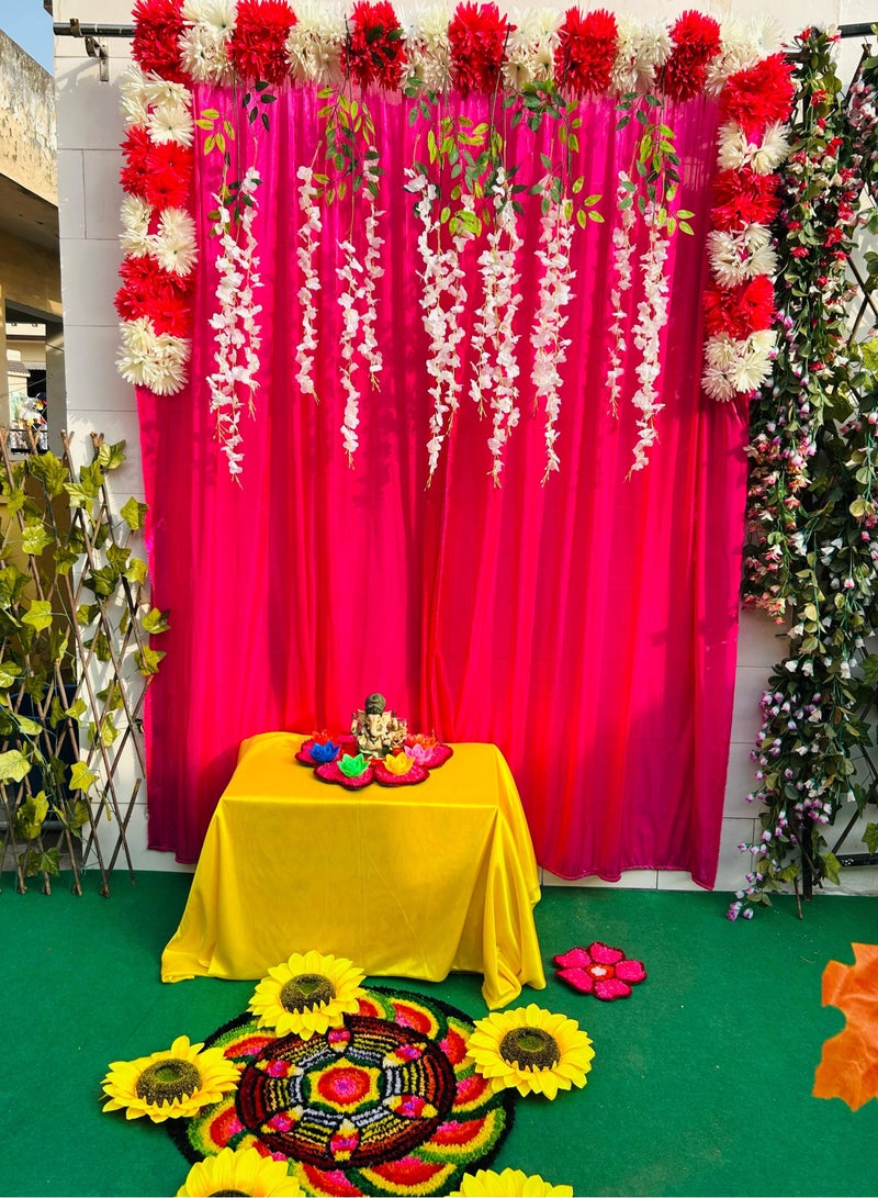 Ganpati Decoration Set, Pink (Magenta)Curtain Backdrop with Artificial flowers, Traditional Puja Setup /Decorative arrangement featuring pink and white flowers /Ganpati backdrop/Ganpati decor/Ganesh chaturthi/Ganpati hangings