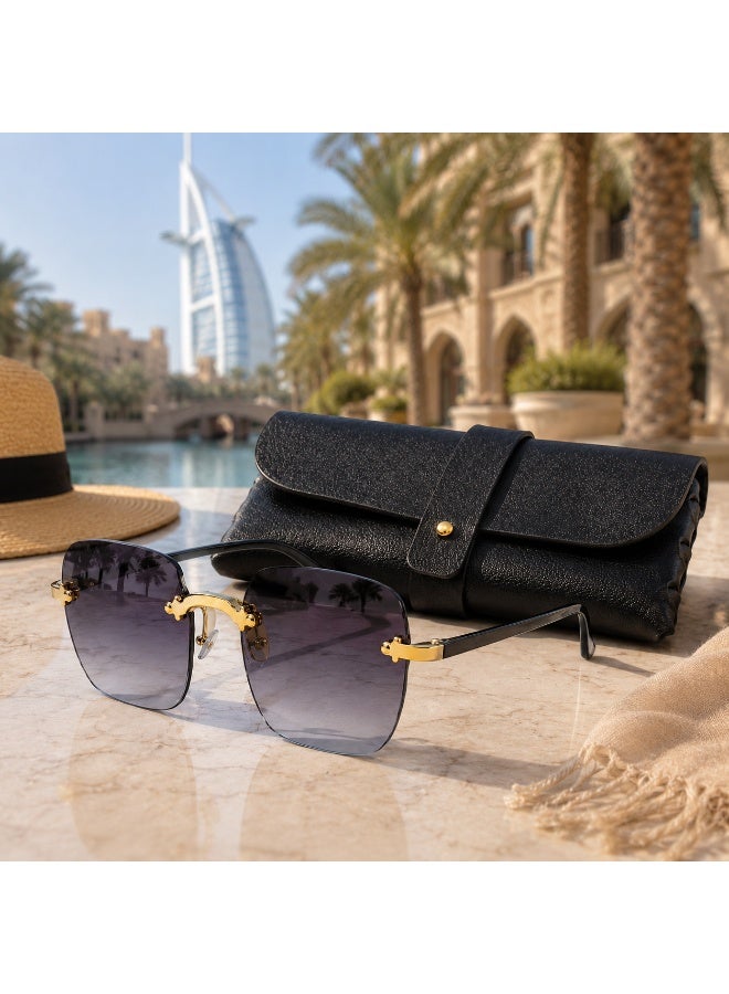 Elegant Rimless Square Sunglasses with Protective Case,  Black/Gold - Image 3