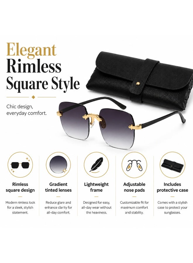 Elegant Rimless Square Sunglasses with Protective Case,  Black/Gold - Image 2