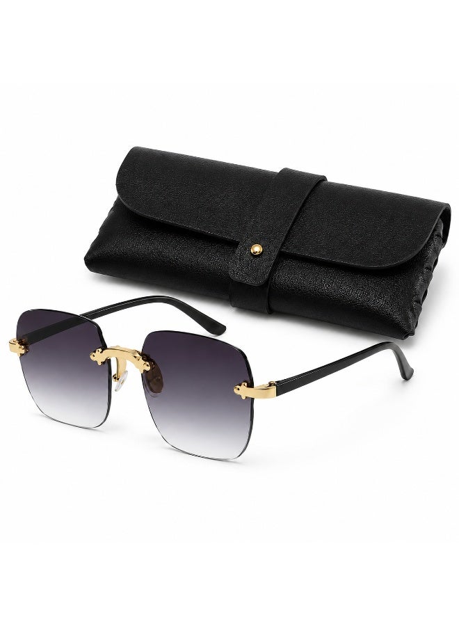 Elegant Rimless Square Sunglasses with Protective Case,  Black/Gold - Image 1