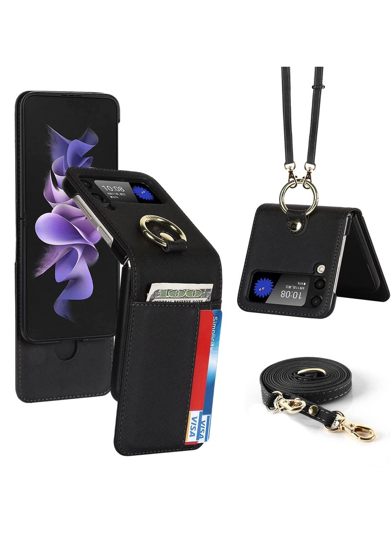 Y&D Case for Galaxy Z Flip 3 5G, Compatible with Samsung 3(2021) Leather Wallet Case, Adjustable Crossbody Lanyard Durable Card Slots Ultra Slim Luxury Cover (Black)  - Image 1