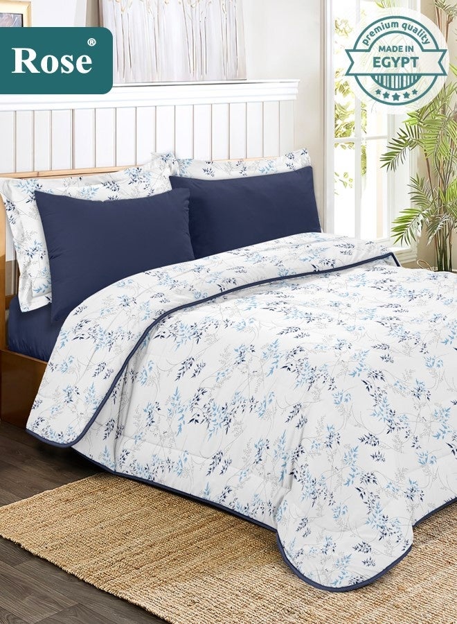 Rose Floral Comforter Set, High Quality Microfiber, 6 Pieces, Fits 200x200 cm Double Size Bed, Soft Cooling Breathable, Stylish Printed Elegance, King Size Comforter, Blue Leafs - Image 1