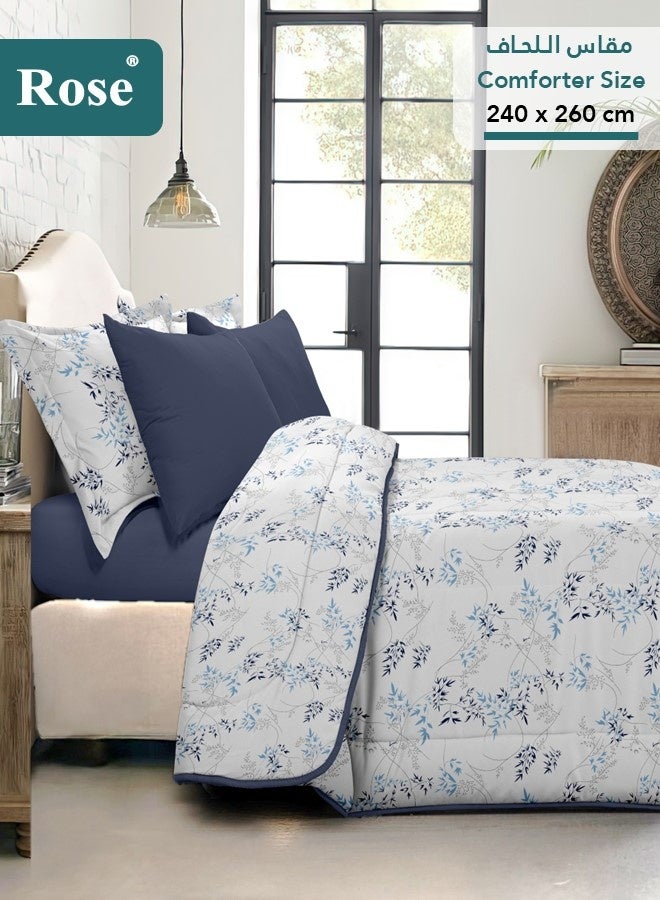 Rose Floral Comforter Set, High Quality Microfiber, 6 Pieces, Fits 200x200 cm Double Size Bed, Soft Cooling Breathable, Stylish Printed Elegance, King Size Comforter, Blue Leafs - Image 3