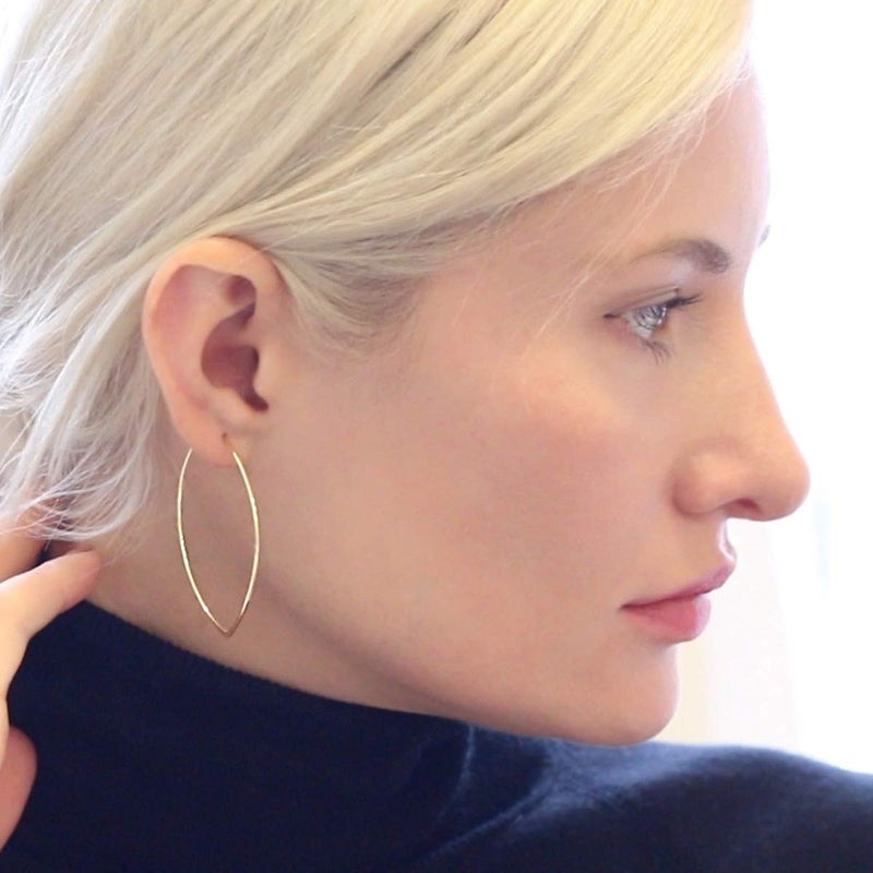 Humble Chic NY Humble Chic Geometric Marquise Threader Hoops - Hypoallergenic 18K Gold Plated Medium Hoop Earrings for Women - Lightweight Oval Leaf Elliptical Loop Statement Drop Dangles, 1.75" inch - 18K Yellow - Image 2