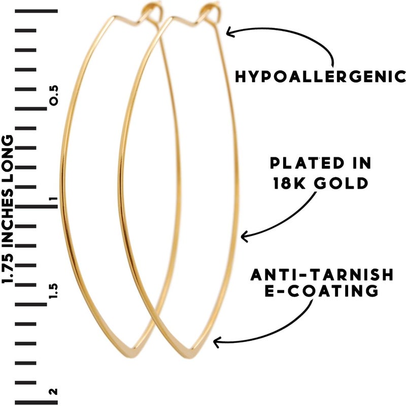 Humble Chic NY Humble Chic Geometric Marquise Threader Hoops - Hypoallergenic 18K Gold Plated Medium Hoop Earrings for Women - Lightweight Oval Leaf Elliptical Loop Statement Drop Dangles, 1.75" inch - 18K Yellow - Image 4