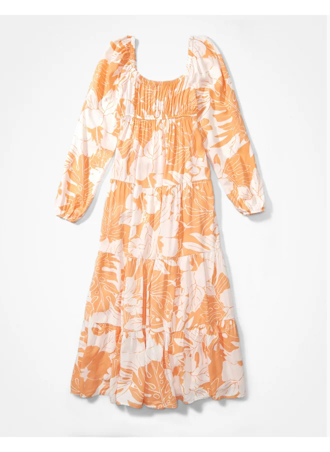 American Eagle AE Printed Long-Sleeve Midi Dress