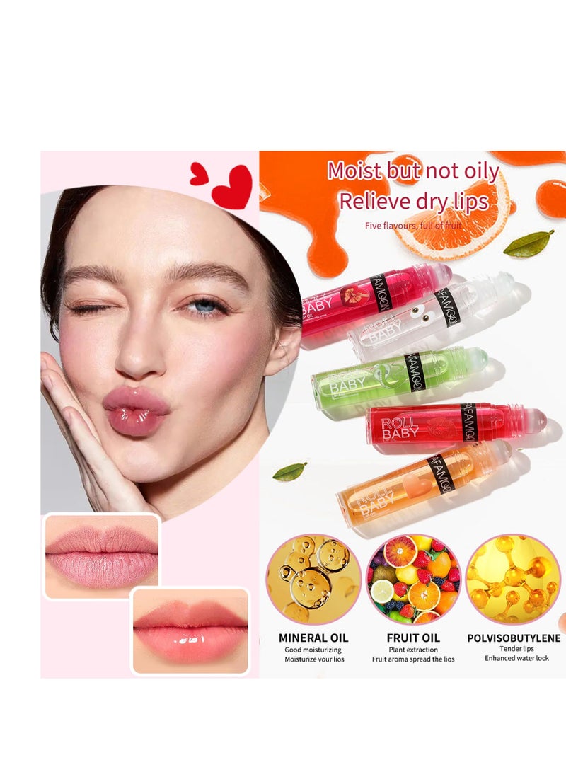 SYOSI Roll on Lip Oil Fruit Flavoured Lip Gloss Set, 5 PCS Moisturizing Transparent Plumping Lip Glow Oil, Hydrating Shiny and Vegan Tinted Lipgloss for Lip Care and Dry Lips - Image 2