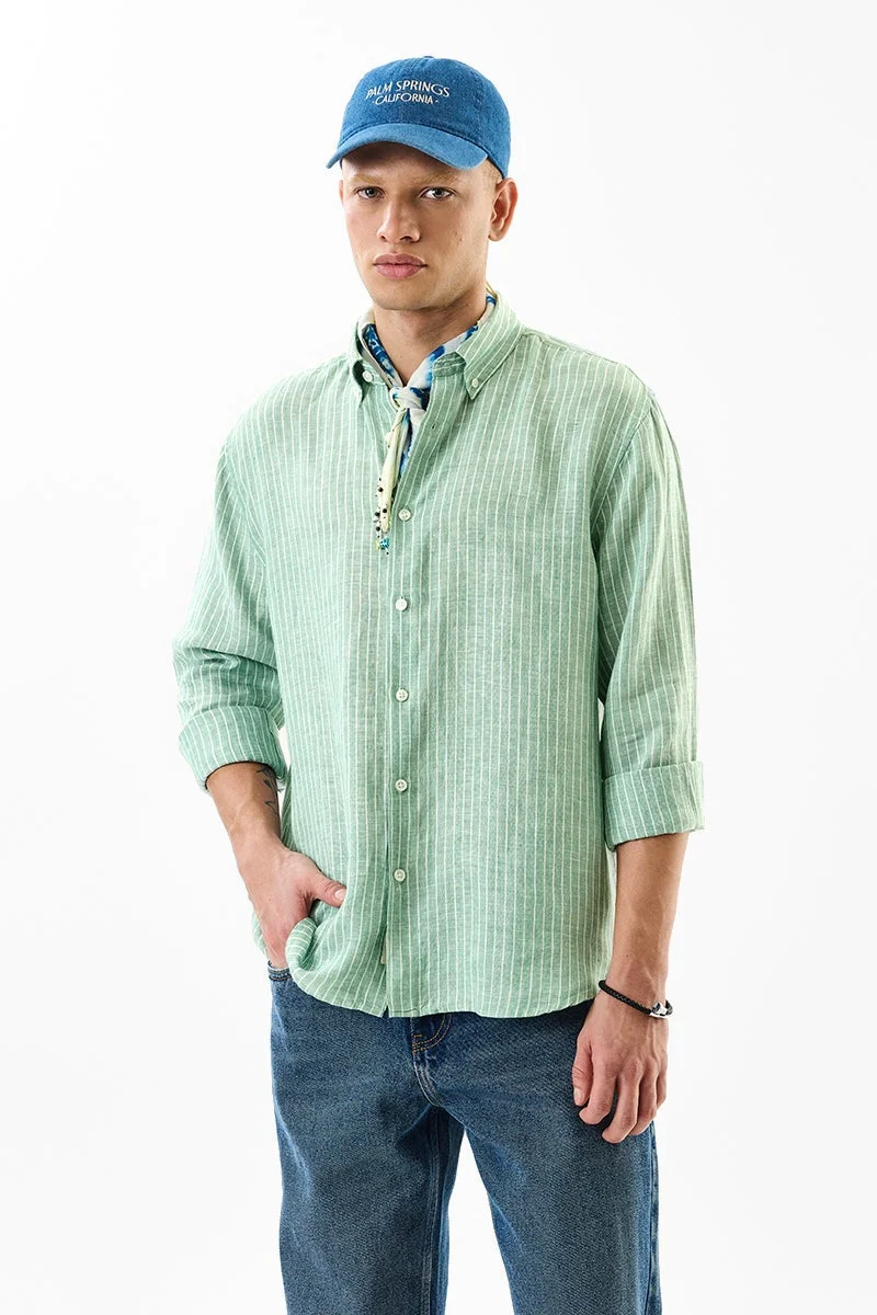 SNITCH Light Green Striped Long Sleeve Regular Fit Shirt