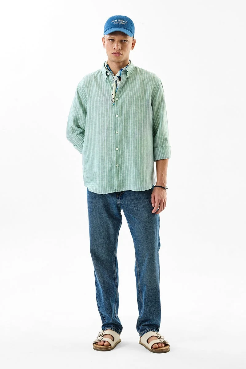 SNITCH Light Green Striped Long Sleeve Regular Fit Shirt