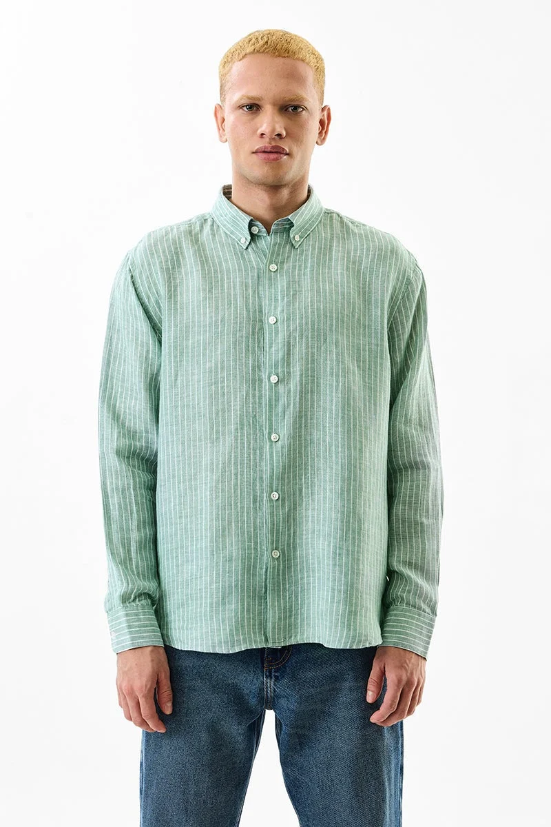 SNITCH Light Green Striped Long Sleeve Regular Fit Shirt