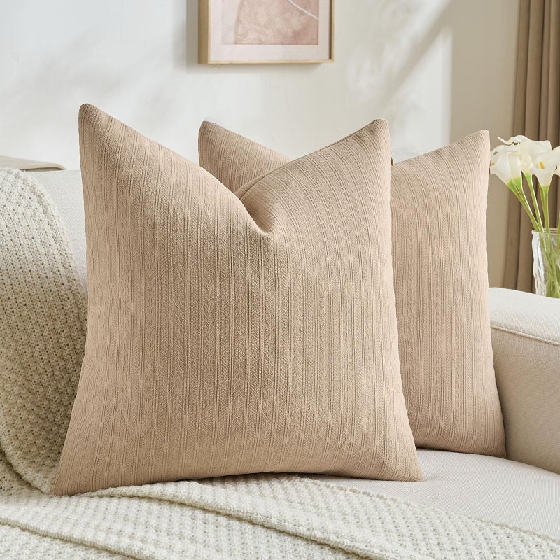 FUTEI Khaki Decorative Throw Pillow Covers 18x18 Inch Set of 2,Soft Cozy Wheat Ear Striped Patterns Cushion Cases,Modern Home Decor for Couch Bed Living Room - Image 1