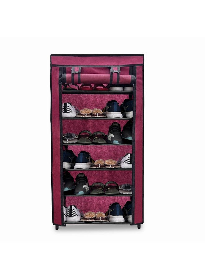 ROBMOB 6 Tier Shoe Rack Collapsible Shoes Organiser with Adjustable Shelves Space Saving Lightweight Metal Racks Foldable Sneaker Footwear Best for Men, Women, Boots, Slippers (Maroon Cover) - Image 1
