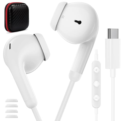ASKUBSKU USBC Wired Headphones for iPad A16/iPhone 17 Pro Max Air 16 Plus 15, USB Type C Earbuds Corded Mic Case Stereo Semi in Ear Bud Earphones for Galaxy S26 S25 Ultra S24 Fe/Pixel 10 9A 9 XL 8, White - Image 1