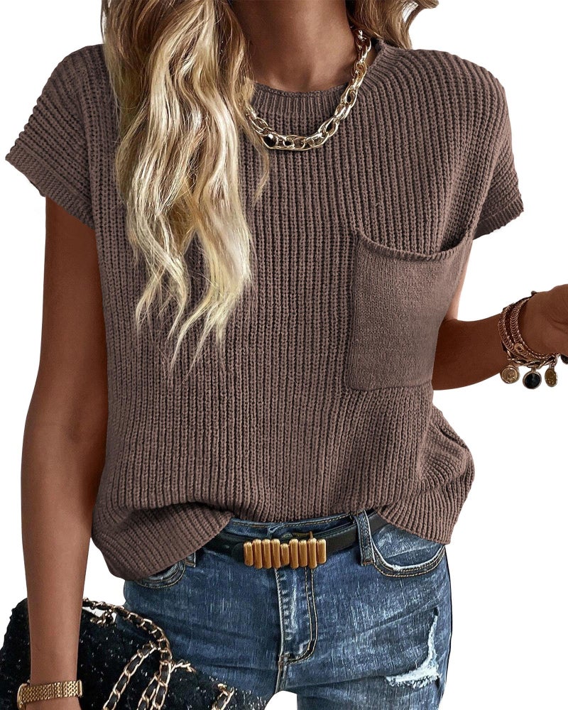 KIRUNDO Spring Summer Short Sleeve Sweater for Women 2026 Casual Sweater Vest Cotton Knit Pullover Tank Tops Fashion Clothing(Light Coffee, Medium) - Image 1