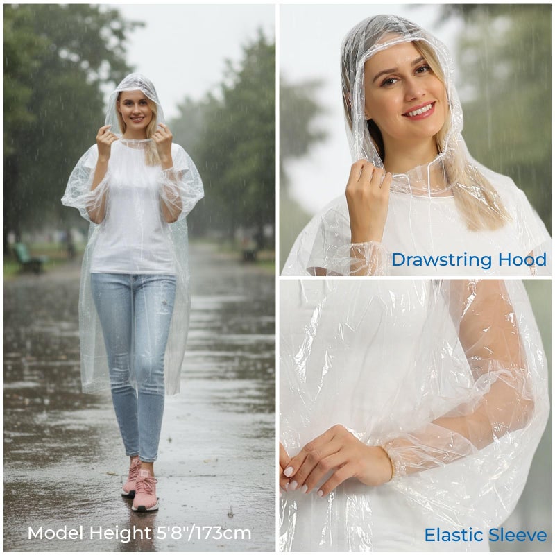 Opret 5 Pack Rain Ponchos, Disposable Emergency Ponchos Bulk Unisex Waterproof Raincoat for Adults with Drawstring Hood - Image 3