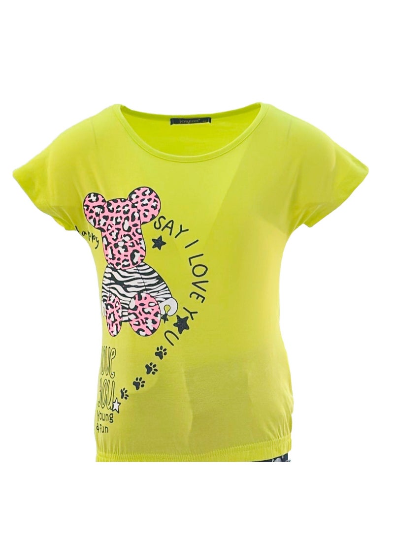 جوانا تي شيرت فتيات برقبة دائرية وأكمام قصيرة بطبعة "قل أحبك" مع نقشة حيوانات - أصفر مخضر - 3 سنوات - Image 4