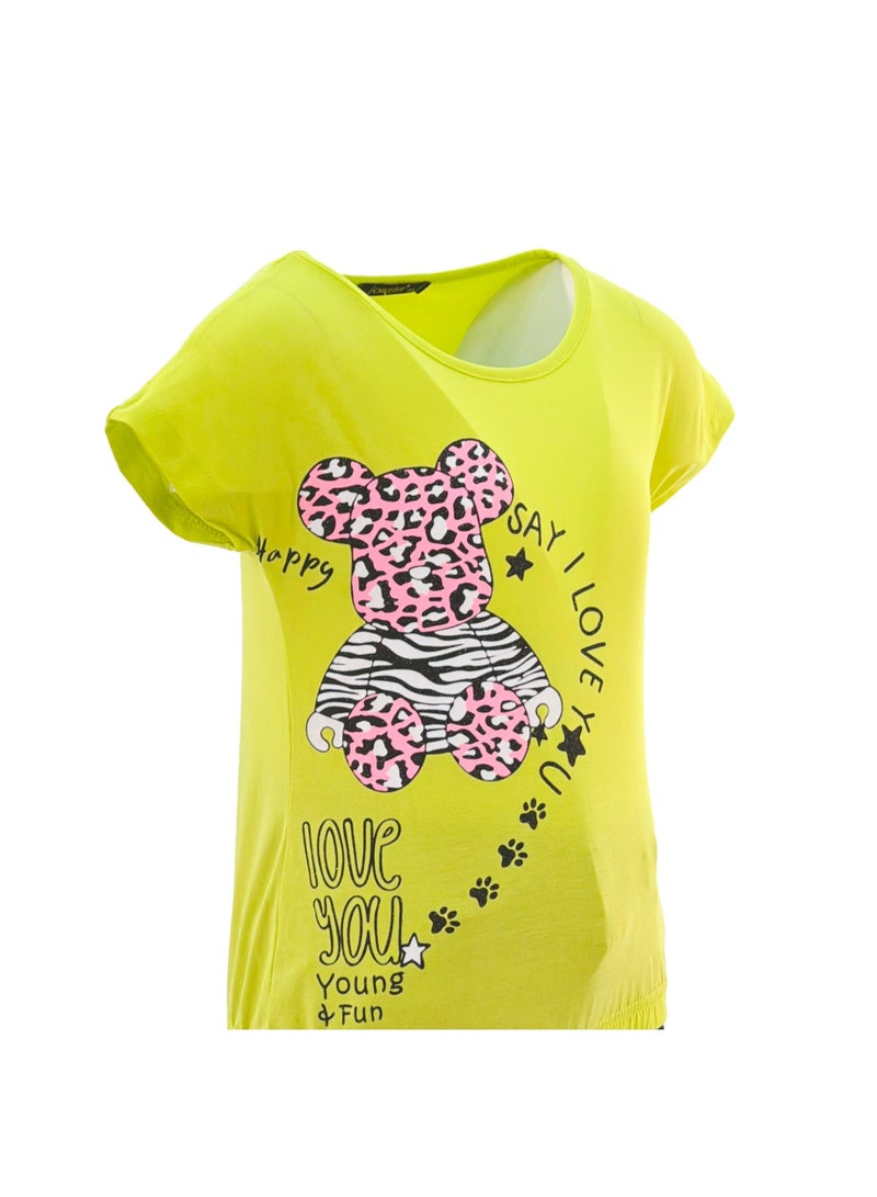 جوانا تي شيرت فتيات برقبة دائرية وأكمام قصيرة بطبعة "قل أحبك" مع نقشة حيوانات - أصفر مخضر - 3 سنوات - Image 5