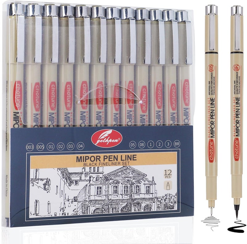 GETHPEN Micro Fineliner Drawing Art Pens 12 Black Fine Line Waterproof Ink Set Artist Supplies Archival Inking Markers Liner Professional Sketch Outline Anime Sketching Artist Illustration Watercolor - Image 3