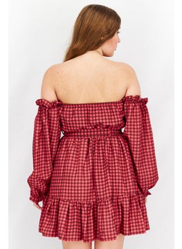 John Zack Women Petite Off Shoulder Balloon Sleeve Tie Waist  Mini Dress, Pink  - Image 4