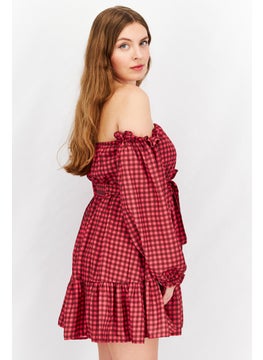 John Zack Women Petite Off Shoulder Balloon Sleeve Tie Waist  Mini Dress, Pink  - Image 3