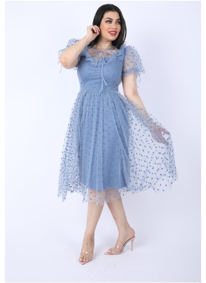 FULL JOY Women Chiffon dress with short sleeves , Cyan  - Image 3