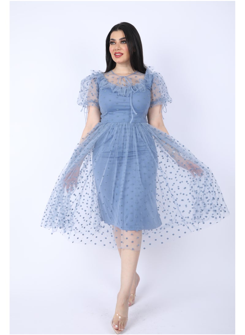 FULL JOY Women Chiffon dress with short sleeves , Cyan  - Image 2