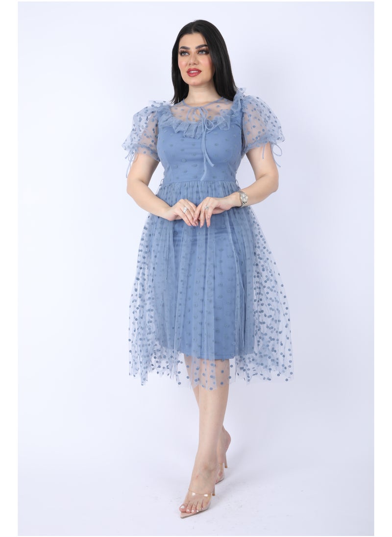 FULL JOY Women Chiffon dress with short sleeves , Cyan  - Image 5