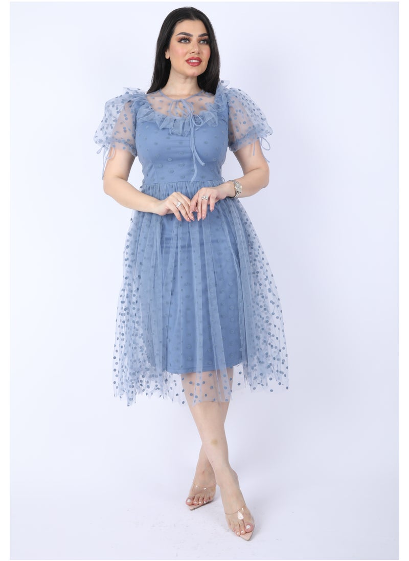 FULL JOY Women Chiffon dress with short sleeves , Cyan  - Image 4