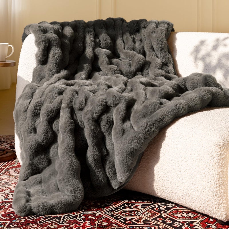 blunique Ultra Soft Cozy Faux Fur Throw BlanketFuzzy Plush Thick Bubble Blanket Fluffy Blanket for Couch Sofa Bedroom and Living Room 50x60 Inches Dark Grey